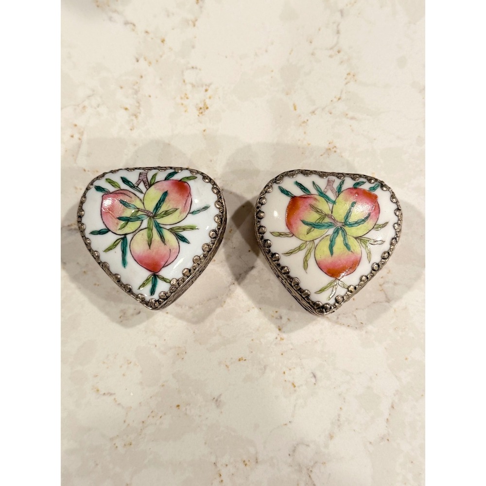 Vintage Metal Heart Shaped Porcelain Trinket Boxes Hand Painted Peach Set of 2
